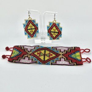Huichol Jewelry Set Bracelet And Earrings Multicolor Handmade